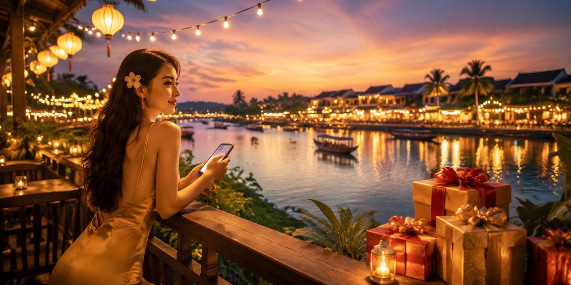 Người chơi tại Hội An dùng điện thoại nạp tiền qua ví điện tử để tham gia casino mobile buổi sáng